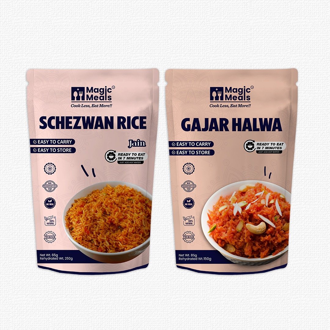 Magic Meals Indo-Chinese Combo (Schezwan Rice + Gajar Halwa) | Jain Ready-to-Eat Meal Combo