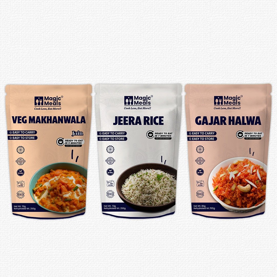 Magic Meals Homestyle Combo (Veg Makhanwala + Jeera Rice + Gajar Halwa) | Jain Ready-to-Eat Meal Combo