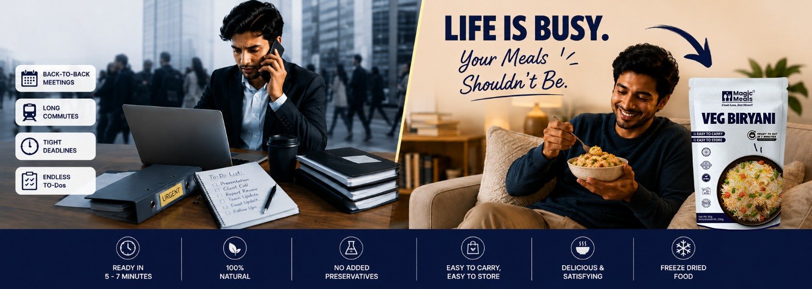 Life Is Busy. Your Meals Shouldn’t Be – Magic Meals Veg Biryani for quick and convenient meals.