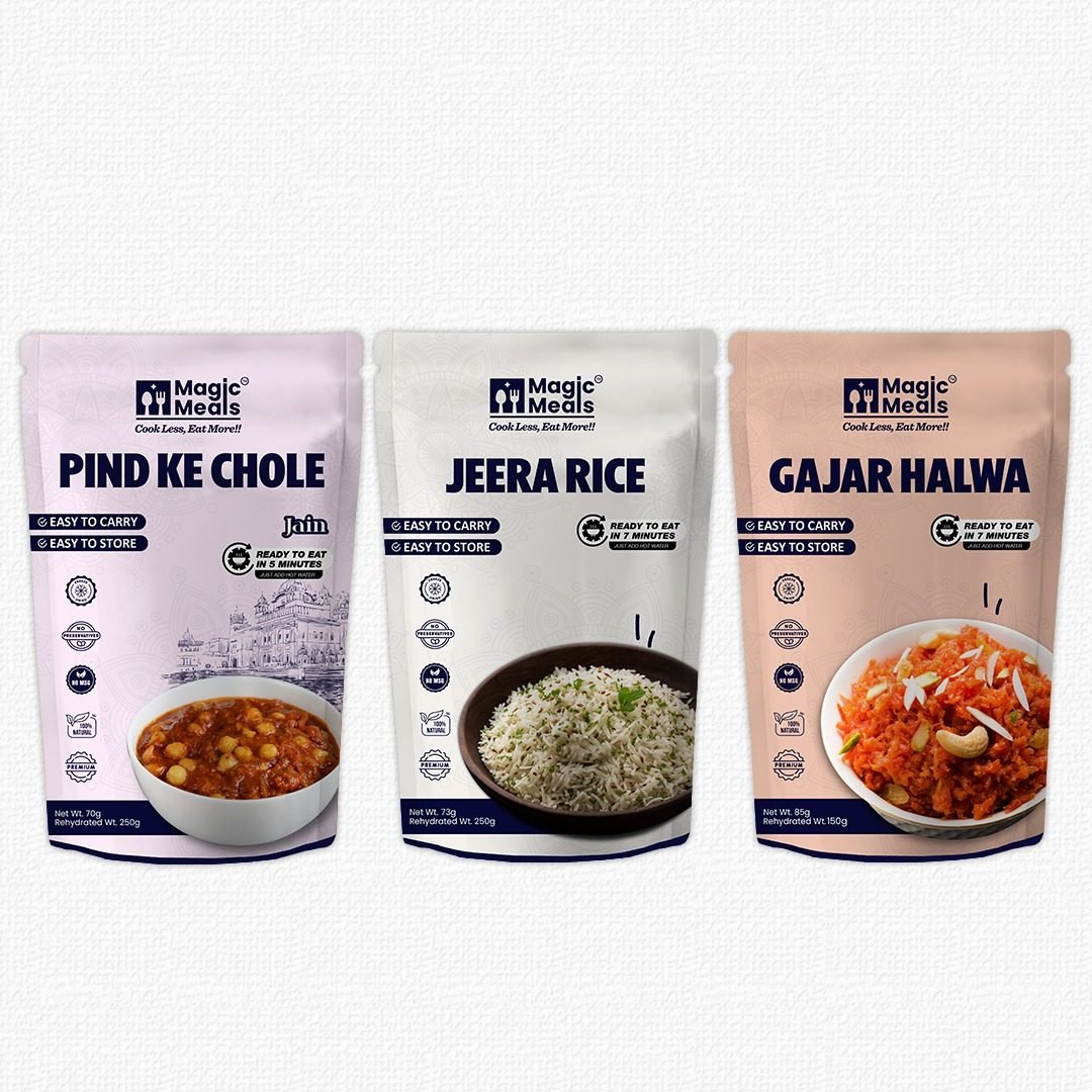 Magic Meals Punjabi Swaad Combo (Pind Ke Chole + Jeera Rice + Gajar Halwa) | Jain Ready-to-Eat Meal Combo